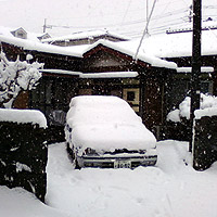 家に庭に車に降り積もる雪